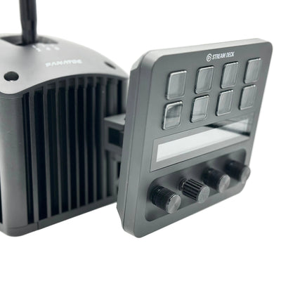 Fanatec ClubSport Shifter Stream Deck Plus Mount shown fully assembled for a sim racing cockpit, including the shifter base adapter, adjustable mid arm and dedicated Elgato Stream Deck Plus interface. This compact three-piece sim racing mount places the Stream Deck Plus controls and rotary dials beside the gear shifter, creating an accessible control position without using additional cockpit profile.