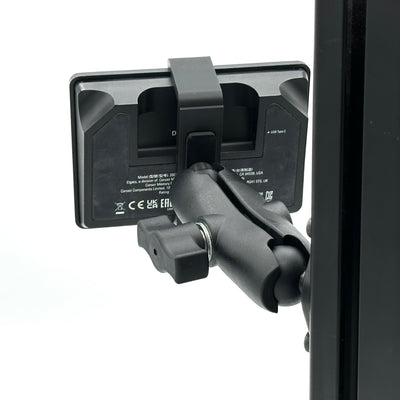 Image 2 — Installed on cockpit / in use
Stream Deck mount installed on an 8020 aluminium extrusion cockpit with a 15-key Elgato Stream Deck fitted and powered on, showing programmable LCD keys ready for sim racing pit commands or flight simulator autopilot and radio controls. The 3D printed bucket adapter and aluminium RAM Mount hold the Stream Deck rigidly under braking and vibration, positioned within easy reach of the wheel or yoke for fast, eyes-up control on 40 Series rigs.

