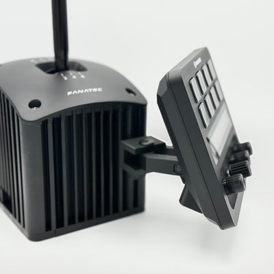 Fanatec ClubSport Shifter Stream Deck Plus Mount viewed from the side, demonstrating how the three-piece mounting system positions the Elgato controller close to the gear lever. This dedicated sim racing Stream Deck Plus holder creates a clean and compact cockpit control setup without requiring a separate desk stand, aluminium profile bracket or permanent modification.
