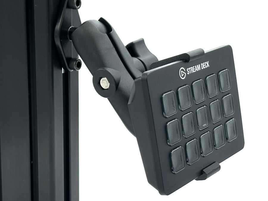 Image 5 — RAM Mount adjustability
Side view of the Stream Deck mount on an 8020 aluminium extrusion cockpit, showing the fully adjustable aluminium RAM Mount arm angled toward the driving or piloting position. The RAM Mount gives complete control over tilt, rotation, and orientation of the 15-key Elgato Stream Deck, letting sim racers and flight simmers fine-tune the viewing angle in seconds without removing the Stream Deck from its 3D printed bucket adapter.