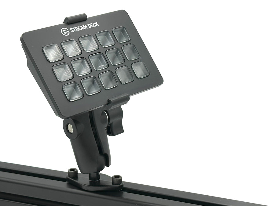Image 5 — RAM Mount adjustability
Side view of the Stream Deck mount on an 8020 aluminium extrusion cockpit, showing the fully adjustable aluminium RAM Mount arm angled toward the driving or piloting position. The RAM Mount gives complete control over tilt, rotation, and orientation of the 15-key Elgato Stream Deck, letting sim racers and flight simmers fine-tune the viewing angle in seconds without removing the Stream Deck from its 3D printed bucket adapter.