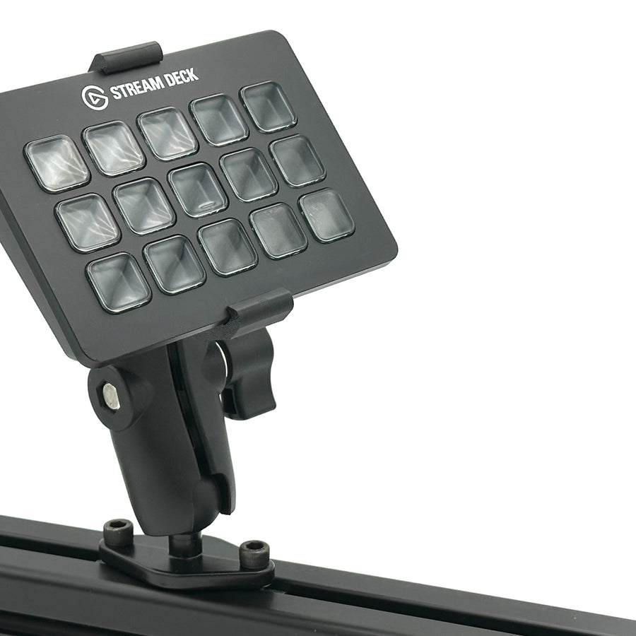 Image 5 — RAM Mount adjustability
Side view of the Stream Deck mount on an 8020 aluminium extrusion cockpit, showing the fully adjustable aluminium RAM Mount arm angled toward the driving or piloting position. The RAM Mount gives complete control over tilt, rotation, and orientation of the 15-key Elgato Stream Deck, letting sim racers and flight simmers fine-tune the viewing angle in seconds without removing the Stream Deck from its 3D printed bucket adapter.