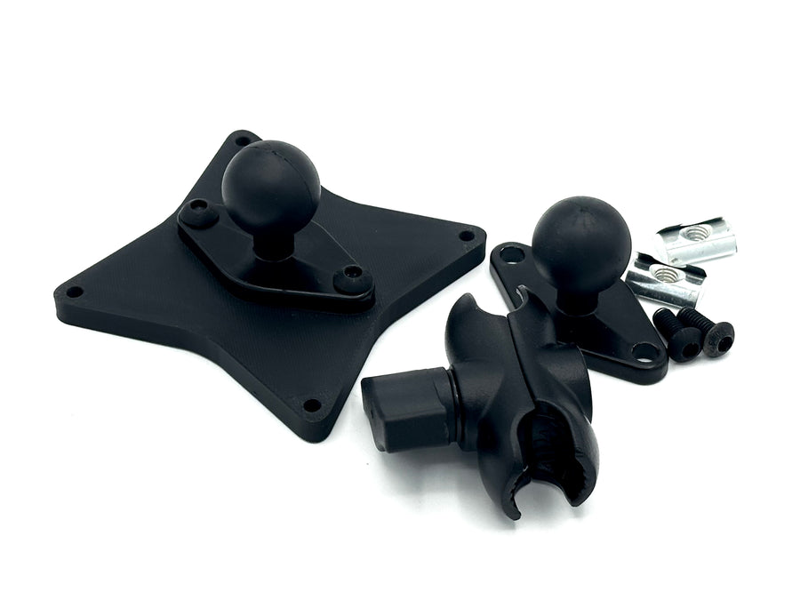 Button Box Mount installed on 40-series aluminium extrusion profile, positioning a compatible VESA button box beside the sim racing wheel. The RAM arm allows the control panel to be angled and positioned for comfortable access to pit commands, brake bias, traction control and camera shortcuts. T-nuts and profile bolts are included, creating a complete mounting setup for compatible 50, 75 and 100 mm VESA devices.