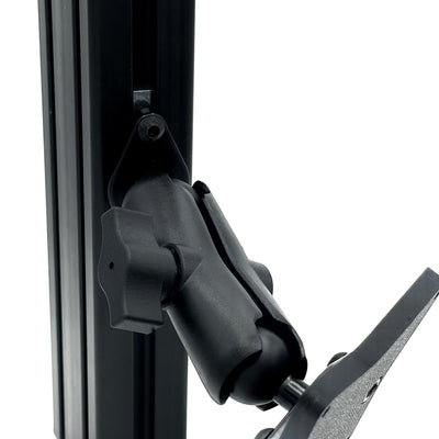Button Box Mount VESA adapter close-up showing the 50 × 50 mm, 75 × 75 mm and 100 × 100 mm M4 mounting patterns. This sim racing cockpit mount gives a compatible button box, dashboard or tablet a secure attachment point on the adjustable RAM arm. M4 bolts are included for the VESA device, while the base mount uses supplied T-nuts and bolts for 40-series aluminium profile.
