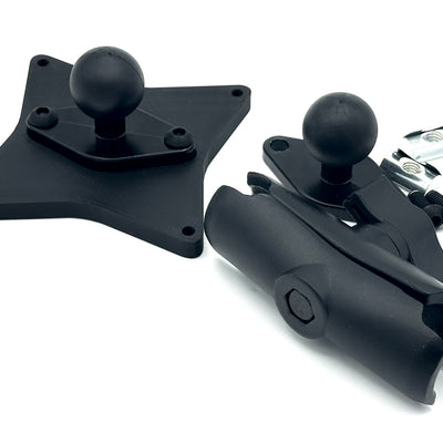 Button Box Mount on an aluminium flight simulator cockpit, using the RAM arm and VESA adapter to position a compatible dashboard or tablet. The adjustable 40-series profile mount supports 50 × 50 mm, 75 × 75 mm and 100 × 100 mm M4 patterns, helping organise displays for Microsoft Flight Simulator, X-Plane or DCS World checklists, navigation tools and cockpit controls. Not suitable for monitors.