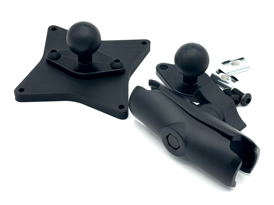 Button Box Mount installed on 40-series aluminium extrusion profile, positioning a compatible VESA button box beside the sim racing wheel. The RAM arm allows the control panel to be angled and positioned for comfortable access to pit commands, brake bias, traction control and camera shortcuts. T-nuts and profile bolts are included, creating a complete mounting setup for compatible 50, 75 and 100 mm VESA devices.