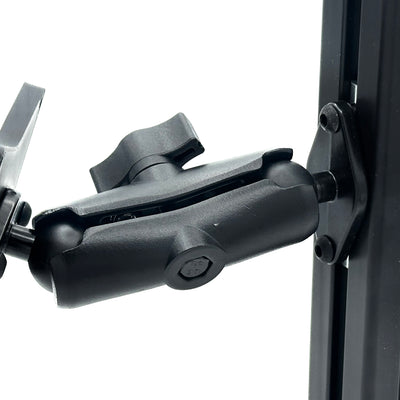 Button Box Mount for Sim Racing Cockpits showing the 5.5 cm, 9.5 cm and 15 cm RAM arm options. The short arm keeps a compatible button box close to the 40-series profile, while the longer options provide additional reach and positioning freedom. Each version connects the VESA adapter to the aluminium cockpit base mount, helping drivers position controls beside the wheel for racing shortcuts.