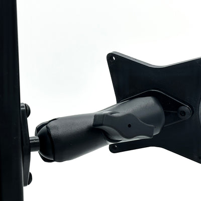 Button Box Mount for Sim Racing Cockpits shown fully assembled with the 40-series aluminium profile base mount, selected RAM arm and VESA adapter. Designed for VESA-compatible button boxes, dashboards and tablets, this adjustable sim rig mount supports 50 × 50 mm, 75 × 75 mm and 100 × 100 mm M4 patterns. T-nuts, profile bolts and M4 device bolts are included for installation.