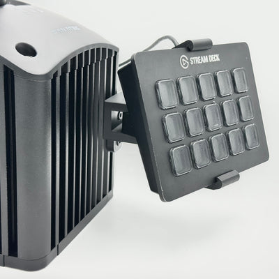 Fanatec ClubSport Shifter Stream Deck Mount viewed from the side, showing how the complete mounting system keeps a 15-key Stream Deck close to the shifter without using additional aluminium cockpit profile or desk space. This dedicated sim racing mount creates a clean, compact control setup for drivers using the Stream Deck MK1, MK2 or Scissor Keys version.