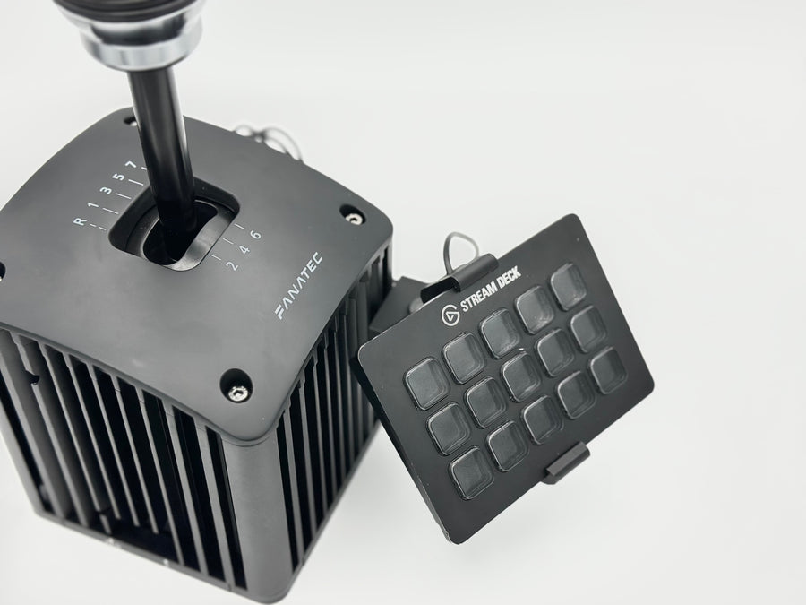 Fanatec ClubSport Shifter Stream Deck Mount with height, left-to-right and tilt adjustment. Fits 15-key MK1, MK2 and Scissor Keys. All hardware included.