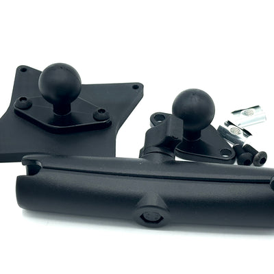 Button Box Mount for Sim Racing Cockpits shown with the RAM arm angled toward the driver, demonstrating the adjustable reach available from the 5.5 cm, 9.5 cm and 15 cm options. The 40-series aluminium profile base mount supports a compatible 50 × 50 mm, 75 × 75 mm or 100 × 100 mm VESA button box, dashboard or tablet. T-nuts, mounting bolts and M4 VESA bolts are included.
