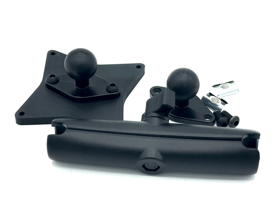Button Box Mount installed on 40-series aluminium extrusion profile, positioning a compatible VESA button box beside the sim racing wheel. The RAM arm allows the control panel to be angled and positioned for comfortable access to pit commands, brake bias, traction control and camera shortcuts. T-nuts and profile bolts are included, creating a complete mounting setup for compatible 50, 75 and 100 mm VESA devices.