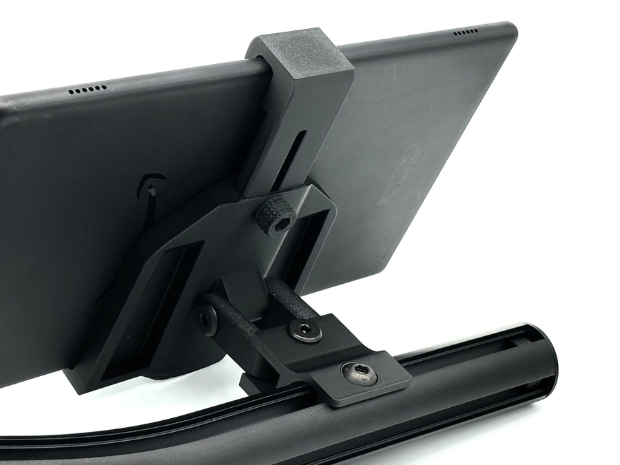 D printed tablet mount for Fanatec ClubSport GT Cockpit shown fully assembled, featuring a dual-axis adjustable head, dedicated Fanatec ClubSport Accessory Arm adapter, and clean matte black finish. The tablet mount is designed for sim racing telemetry, SimHub dashboards, and lap timing apps, attaching directly to the Fanatec ClubSport accessory arm without modification, drilling, or extra hardware. All required screws are supplied in the box for a fast, tidy, and tool-light install on any Fanatec ClubSport