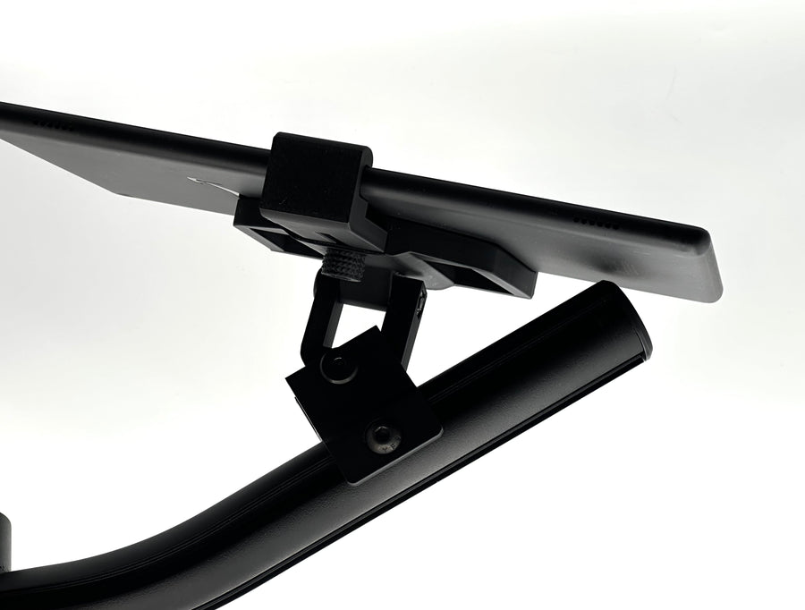 D printed tablet mount for Fanatec ClubSport GT Cockpit shown fully assembled, featuring a dual-axis adjustable head, dedicated Fanatec ClubSport Accessory Arm adapter, and clean matte black finish. The tablet mount is designed for sim racing telemetry, SimHub dashboards, and lap timing apps, attaching directly to the Fanatec ClubSport accessory arm without modification, drilling, or extra hardware. All required screws are supplied in the box for a fast, tidy, and tool-light install on any Fanatec ClubSport