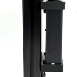 Close-up of a black metal bracket on a white background -Bass shaker amplifier mount for sim racing rig designed for Fosi Audio V3 and 8040 aluminium profile. Best way to mount Fosi audio to a sim racing cockpit 