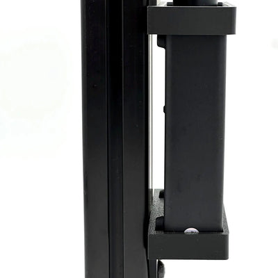 Close-up of a black metal bracket on a white background -Bass shaker amplifier mount for sim racing rig designed for Fosi Audio V3 and 8040 aluminium profile. Best way to mount Fosi audio to a sim racing cockpit 