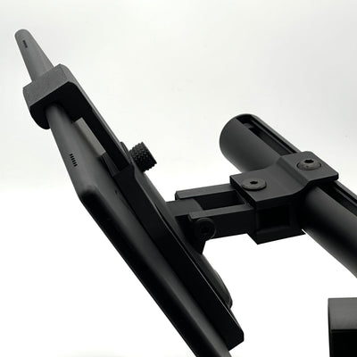 Side profile of the tablet mount for Fanatec ClubSport GT Cockpit showing the angle of the dual-axis adjustable head with a tablet displaying live sim racing telemetry. The 3D printed mount keeps the tablet positioned within the driver's natural eye line for easy reading of lap times, sector splits, tyre temperatures, fuel data, and SimHub dashboards. Compact 3D printed design avoids field-of-view intrusion while keeping critical race data within glance distance during competitive online and offline racing.