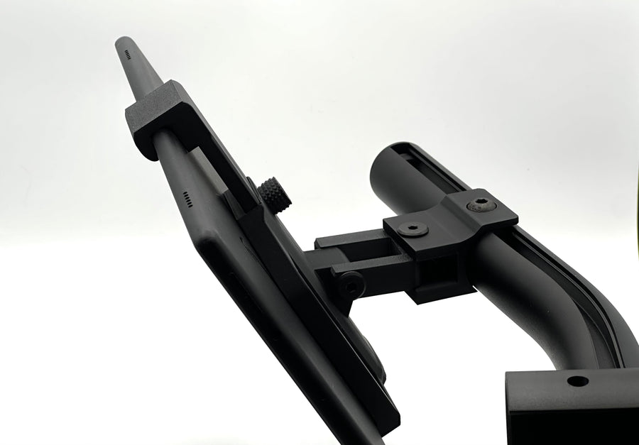 D printed tablet mount for Fanatec ClubSport GT Cockpit shown fully assembled, featuring a dual-axis adjustable head, dedicated Fanatec ClubSport Accessory Arm adapter, and clean matte black finish. The tablet mount is designed for sim racing telemetry, SimHub dashboards, and lap timing apps, attaching directly to the Fanatec ClubSport accessory arm without modification, drilling, or extra hardware. All required screws are supplied in the box for a fast, tidy, and tool-light install on any Fanatec ClubSport
