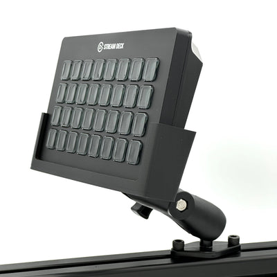 RAM Mount arm length comparison
Comparison of the two RAM Mount arm lengths available with the Stream Deck XL sim racing mount — 5.5cm and 9.5cm — shown side by side. The shorter 5.5cm arm keeps the Stream Deck XL tight to the aluminium cockpit for a compact, low-intrusion layout, while the 9.5cm arm extends reach for deeper wheel positions, larger steering wheels, or a more driver-angled deck orientation.
