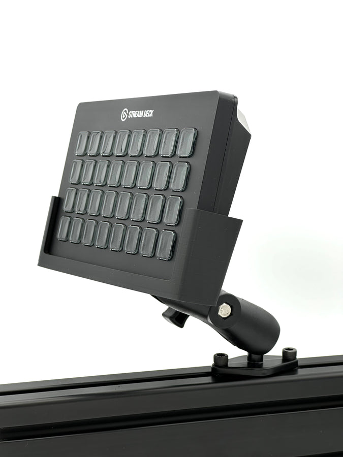 Image 1 — Hero / fully assembled
3D printed Stream Deck XL mount for sim racing aluminium cockpits, shown fully assembled with the 32-key Elgato Stream Deck XL bucket adapter, dedicated aluminium cockpit adapter, and fully adjustable RAM Mount arm. Designed specifically for sim racers running aluminium profile cockpits who want quick access to pit commands, brake bias, traction control, and SimHub shortcuts. All required screws are supplied for a fast, clean install.