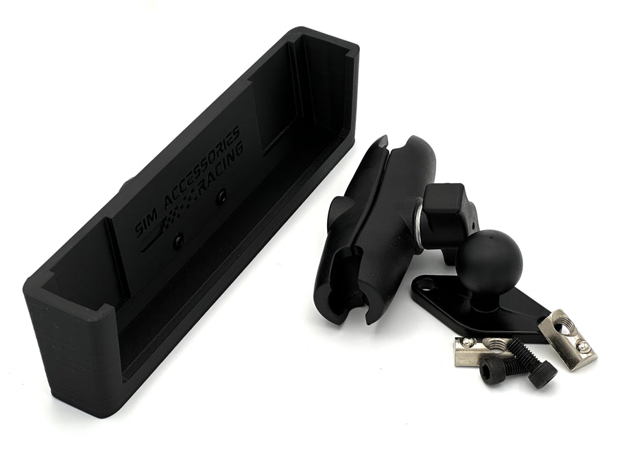 Image 1 — Hero / fully assembled
3D printed Stream Deck XL mount for sim racing aluminium cockpits, shown fully assembled with the 32-key Elgato Stream Deck XL bucket adapter, dedicated aluminium cockpit adapter, and fully adjustable RAM Mount arm. Designed specifically for sim racers running aluminium profile cockpits who want quick access to pit commands, brake bias, traction control, and SimHub shortcuts. All required screws are supplied for a fast, clean install.