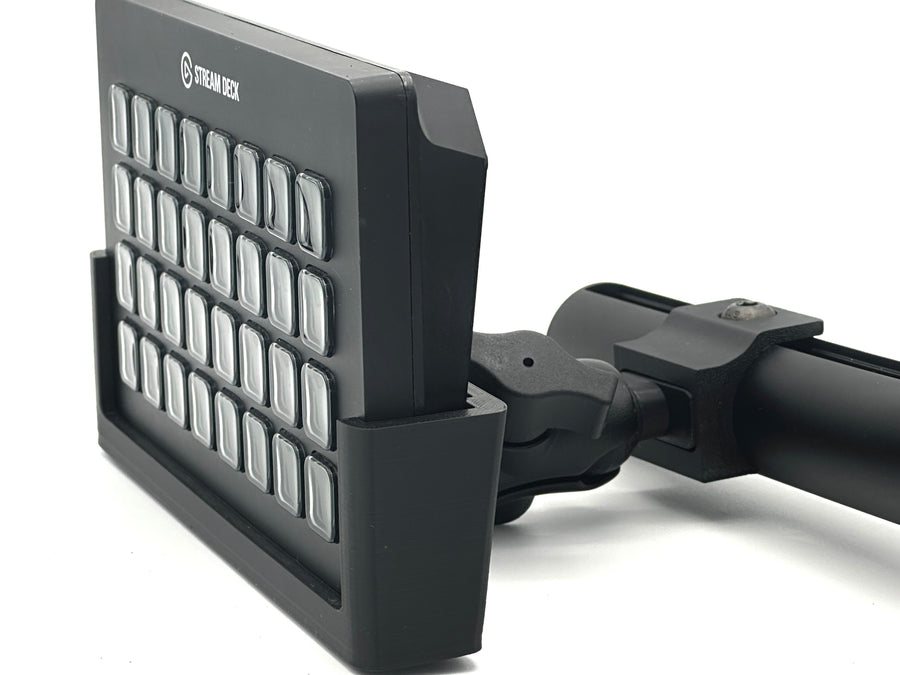 Stream Deck XL mounting bracket compatible with the Fanatec ClubSport GT Cockpit. Holds the 32-button Elgato Stream Deck XL in an ergonomic position next to the steering wheel. Made from 3D printed adapters and durable aluminium with a black powder-coat finish RAM Mount, it attaches to the cockpit's extruded profile using included T-nuts and bolts. Adjustable angle for personalised viewing. Ideal sim racing accessory for streamers and serious iRacing, ACC, and rFactor 2 drivers. (