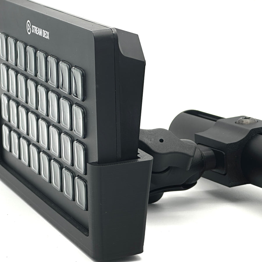 Stream Deck XL mounting bracket compatible with the Fanatec ClubSport GT Cockpit. Holds the 32-button Elgato Stream Deck XL in an ergonomic position next to the steering wheel. Made from 3D printed adapters and durable aluminium with a black powder-coat finish RAM Mount, it attaches to the cockpit's extruded profile using included T-nuts and bolts. Adjustable angle for personalised viewing. Ideal sim racing accessory for streamers and serious iRacing, ACC, and rFactor 2 drivers. (