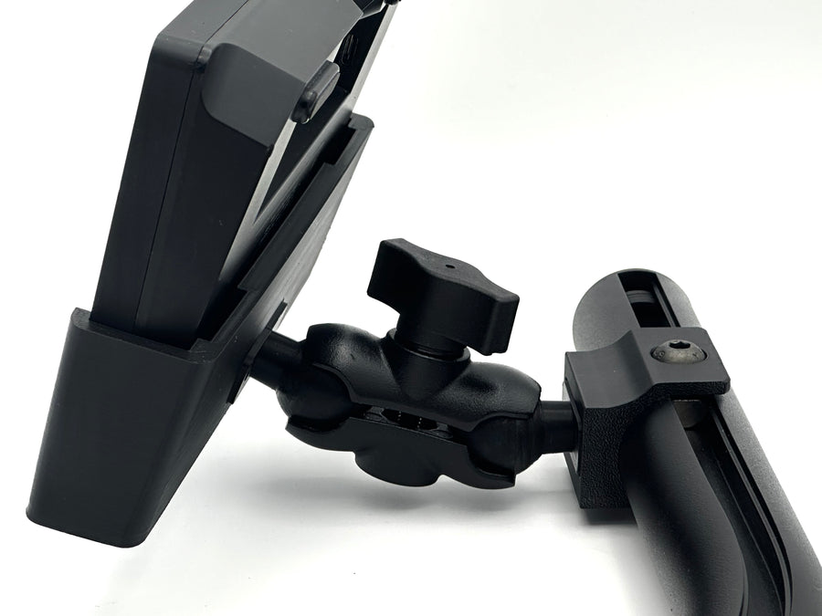 Stream Deck XL mounting bracket compatible with the Fanatec ClubSport GT Cockpit. Holds the 32-button Elgato Stream Deck XL in an ergonomic position next to the steering wheel. Made from 3D printed adapters and durable aluminium with a black powder-coat finish RAM Mount, it attaches to the cockpit's extruded profile using included T-nuts and bolts. Adjustable angle for personalised viewing. Ideal sim racing accessory for streamers and serious iRacing, ACC, and rFactor 2 drivers. (