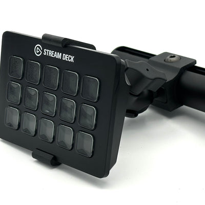 Stream Deck 15 Keys mount for Fanatec ClubSport GT Cockpit, available in 5.5cm and 9.5cm RAM arm lengths. Compatible with Stream Deck MK1, MK2, and Scissor Keys models. The 3D printed bucket adapter holds the deck securely while a fully adjustable RAM Mount arm connects to a Fanatec ClubSport Accessory Arm adapter, keeping pit commands, telemetry shortcuts, and streaming controls within reach every lap. 
