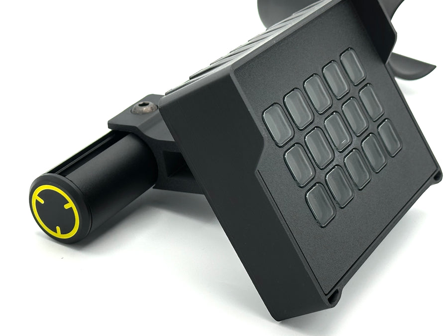 3D printed Stream Deck enclosure for Fanatec ClubSport GT Cockpit with dual-axis adjustable mount, shown fully assembled