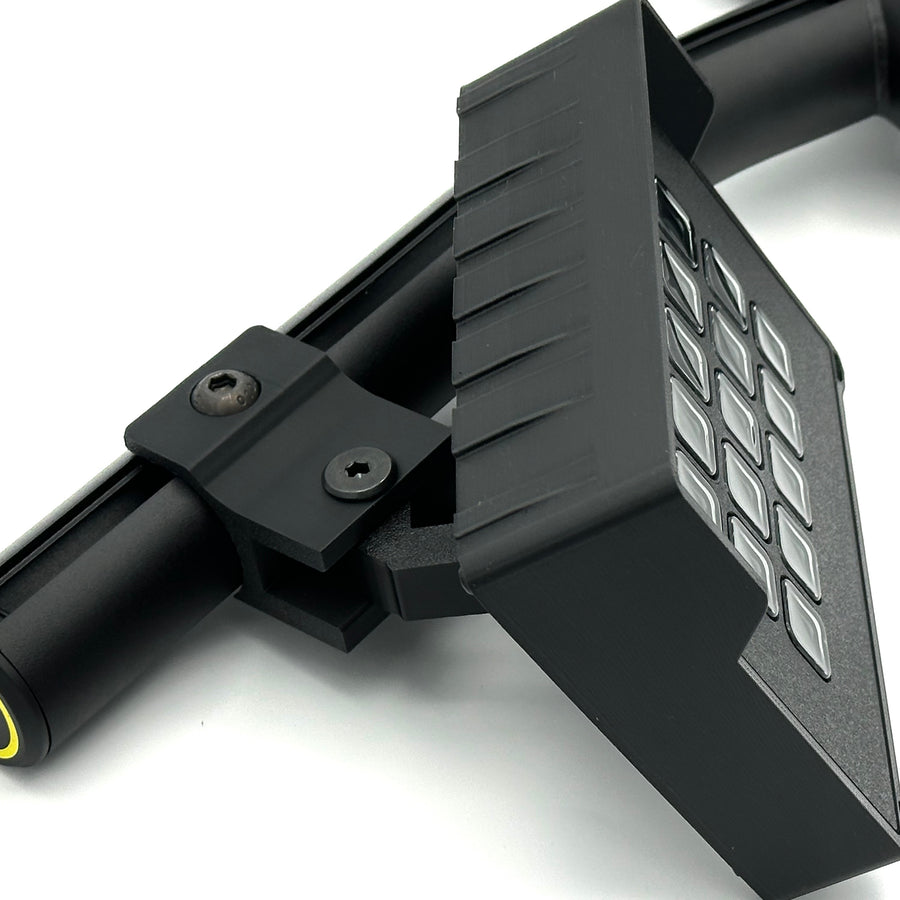 3D printed Stream Deck enclosure for Fanatec ClubSport GT Cockpit with dual-axis adjustable mount, shown fully assembled