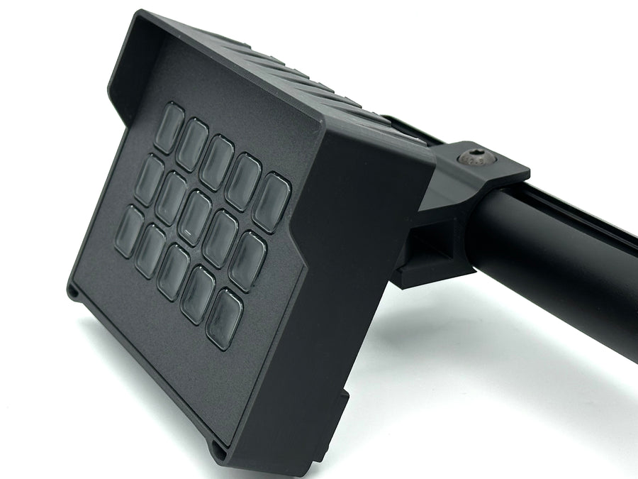 3D printed Stream Deck enclosure for Fanatec ClubSport GT Cockpit with dual-axis adjustable mount, shown fully assembled