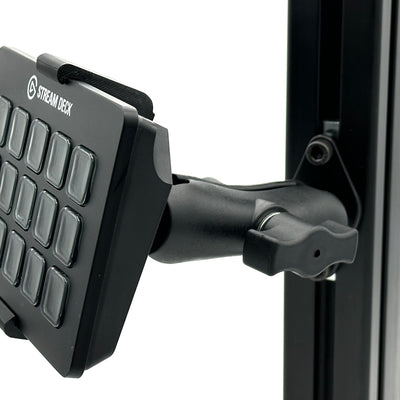 Image 1 — Hero / fully assembled
3D printed Stream Deck mount for sim racing and flight simulator cockpits, shown fully assembled with the 15-key Elgato Stream Deck bucket adapter, dedicated 8020 / 40 Series extrusion adapter, and fully adjustable aluminium RAM Mount arm. Designed for sim racers and flight simmers running 40x40 profile rigs who want pit commands, autopilot, and cockpit controls within reach. All bolts and hardware are included for a clean, secure install.
