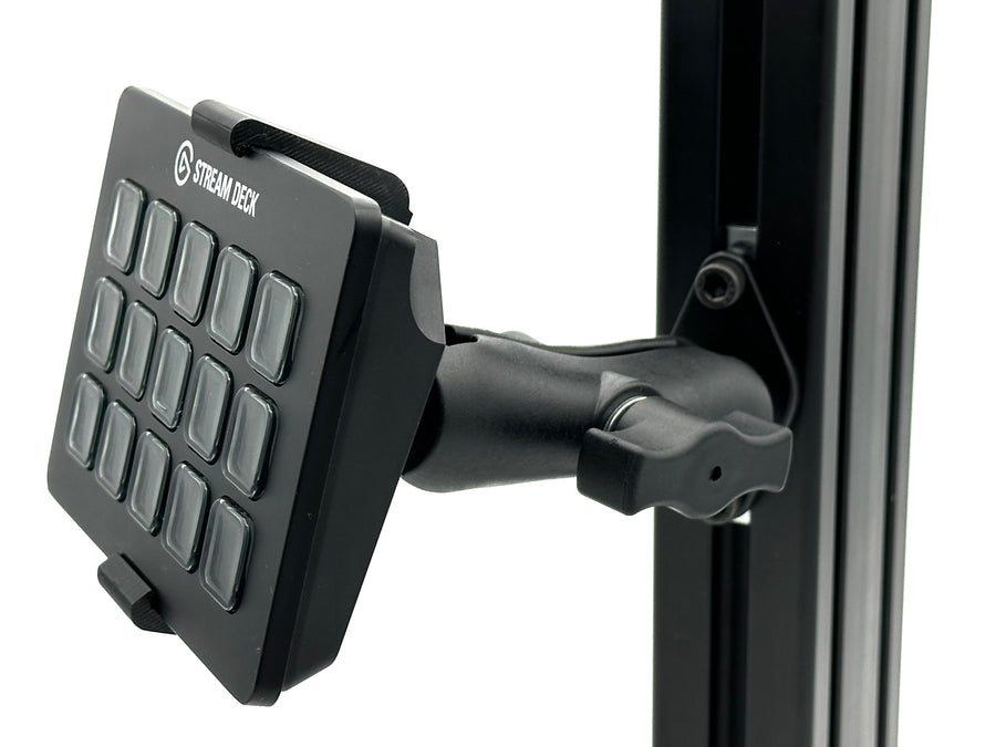 Image 5 — RAM Mount adjustability
Side view of the Stream Deck mount on an 8020 aluminium extrusion cockpit, showing the fully adjustable aluminium RAM Mount arm angled toward the driving or piloting position. The RAM Mount gives complete control over tilt, rotation, and orientation of the 15-key Elgato Stream Deck, letting sim racers and flight simmers fine-tune the viewing angle in seconds without removing the Stream Deck from its 3D printed bucket adapter.