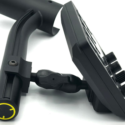 Sim racing Stream Deck Plus mount for the Fanatec ClubSport GT Cockpit. Positions the Elgato Stream Deck Plus within reach of the wheel — perfect for streamers using the dials for live audio, OBS scenes, and chat overlays while racing. Bolts to the ClubSport Accessory Arm via a fully adjustable RAM Mount system, vibration-resistant through hard braking and kerb hits