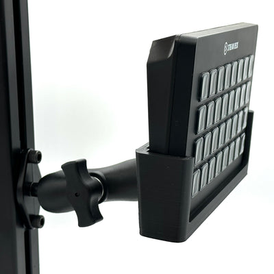 Image 1 — Hero / fully assembled
3D printed Stream Deck XL mount for sim racing aluminium cockpits, shown fully assembled with the 32-key Elgato Stream Deck XL bucket adapter, dedicated aluminium cockpit adapter, and fully adjustable RAM Mount arm. Designed specifically for sim racers running aluminium profile cockpits who want quick access to pit commands, brake bias, traction control, and SimHub shortcuts. All required screws are supplied for a fast, clean install.