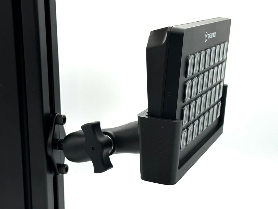 Image 1 — Hero / fully assembled
3D printed Stream Deck XL mount for sim racing aluminium cockpits, shown fully assembled with the 32-key Elgato Stream Deck XL bucket adapter, dedicated aluminium cockpit adapter, and fully adjustable RAM Mount arm. Designed specifically for sim racers running aluminium profile cockpits who want quick access to pit commands, brake bias, traction control, and SimHub shortcuts. All required screws are supplied for a fast, clean install.