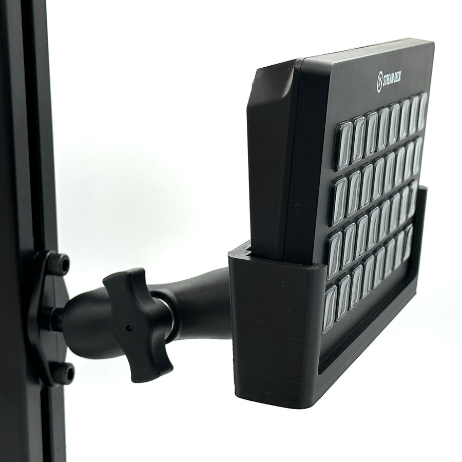 Image 1 — Hero / fully assembled
3D printed Stream Deck XL mount for sim racing aluminium cockpits, shown fully assembled with the 32-key Elgato Stream Deck XL bucket adapter, dedicated aluminium cockpit adapter, and fully adjustable RAM Mount arm. Designed specifically for sim racers running aluminium profile cockpits who want quick access to pit commands, brake bias, traction control, and SimHub shortcuts. All required screws are supplied for a fast, clean install.