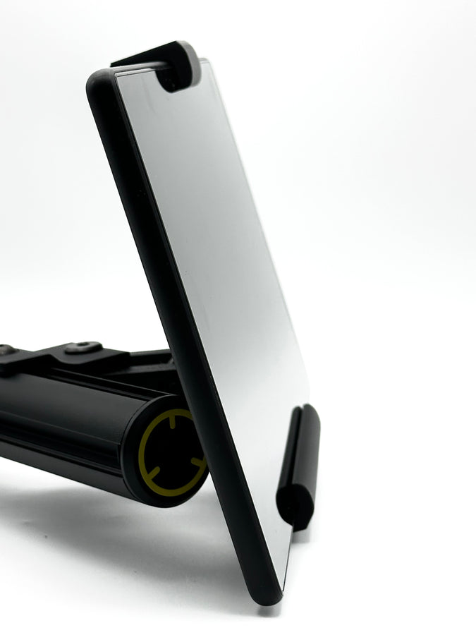 D printed tablet mount for Fanatec ClubSport GT Cockpit shown fully assembled, featuring a dual-axis adjustable head, dedicated Fanatec ClubSport Accessory Arm adapter, and clean matte black finish. The tablet mount is designed for sim racing telemetry, SimHub dashboards, and lap timing apps, attaching directly to the Fanatec ClubSport accessory arm without modification, drilling, or extra hardware. All required screws are supplied in the box for a fast, tidy, and tool-light install on any Fanatec ClubSport