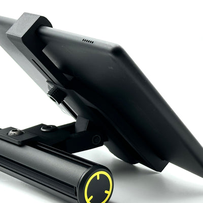 D printed tablet mount for Fanatec ClubSport GT Cockpit shown fully assembled, featuring a dual-axis adjustable head, dedicated Fanatec ClubSport Accessory Arm adapter, and clean matte black finish. The tablet mount is designed for sim racing telemetry, SimHub dashboards, and lap timing apps, attaching directly to the Fanatec ClubSport accessory arm without modification, drilling, or extra hardware. All required screws are supplied in the box for a fast, tidy, and tool-light install on any Fanatec ClubSport