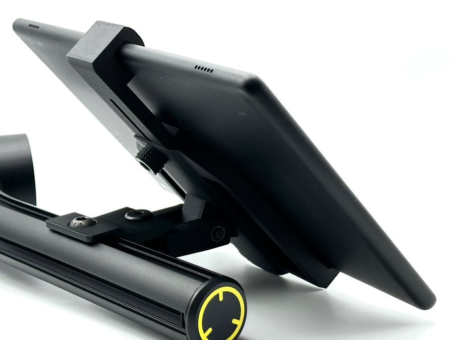 D printed tablet mount for Fanatec ClubSport GT Cockpit shown fully assembled, featuring a dual-axis adjustable head, dedicated Fanatec ClubSport Accessory Arm adapter, and clean matte black finish. The tablet mount is designed for sim racing telemetry, SimHub dashboards, and lap timing apps, attaching directly to the Fanatec ClubSport accessory arm without modification, drilling, or extra hardware. All required screws are supplied in the box for a fast, tidy, and tool-light install on any Fanatec ClubSport