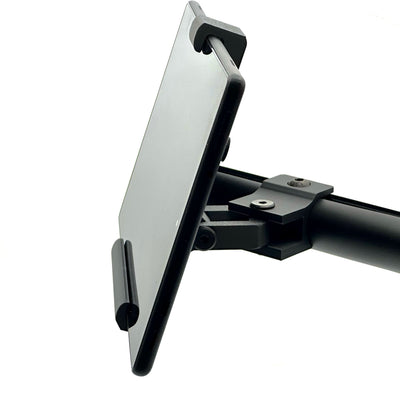 Close-up of the dual-axis adjustable head on the 3D printed tablet mount for Fanatec ClubSport GT Cockpit, showing independent tilt and angle adjustment for precise tablet positioning. The dual-axis mount allows sim racers to fine-tune viewing angle for SimHub telemetry, lap timing displays, and dashboard apps regardless of seating position or wheel height. Fully 3D printed construction keeps the tablet mount lightweight and clean-looking on any Fanatec ClubSport GT Cockpit while staying rigid under load.