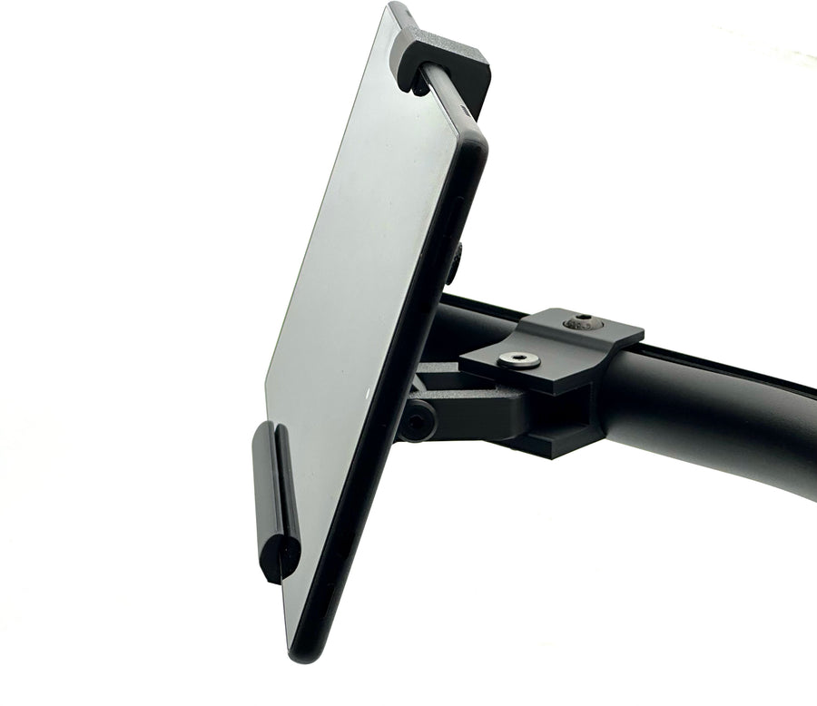 D printed tablet mount for Fanatec ClubSport GT Cockpit shown fully assembled, featuring a dual-axis adjustable head, dedicated Fanatec ClubSport Accessory Arm adapter, and clean matte black finish. The tablet mount is designed for sim racing telemetry, SimHub dashboards, and lap timing apps, attaching directly to the Fanatec ClubSport accessory arm without modification, drilling, or extra hardware. All required screws are supplied in the box for a fast, tidy, and tool-light install on any Fanatec ClubSport