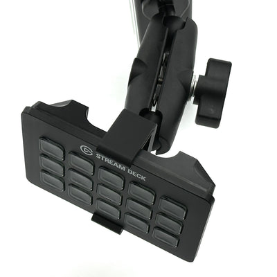 Image 3 — Three arm length comparison
The three RAM Mount arm lengths supplied with the Stream Deck mount for sim racing and flight sim cockpits — 5.5cm, 9.5cm and 15cm — shown together. The short 5.5cm arm keeps the Stream Deck tight to the rig for a compact layout, the 9.5cm arm adds reach, and the 15cm arm extends furthest for deep wheel or yoke positions, large steering wheels, or mounting from an outer 8020 extrusion rail. All hardware is included.
