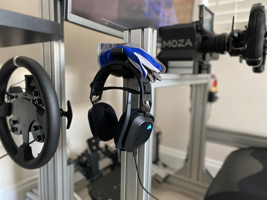 Sim Racing Headphone & Gloves Holder - Profile Mount for sim racing gloves and VR headset, cable management