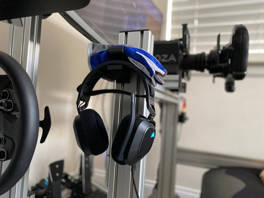 Sim Racing Headphone & Gloves Holder - Profile Mount for sim racing gloves and VR headset, cable management